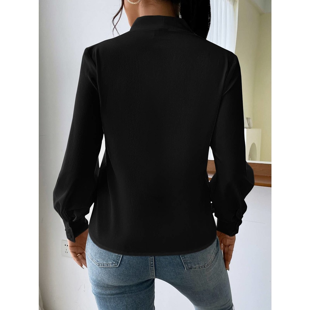 Long sleeve draped v neck Solid Bishop Sleeve Blouse brown - Picture 5 of 8